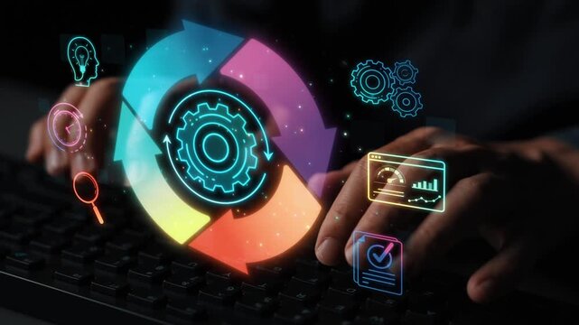 Hands on Keyboard with Dynamic Digital Graphics Representing Data Analysis, Workflow Management and Technological Innovation for Business Solutions Sigmoid