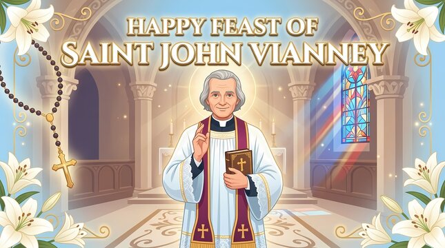 Happy feast of saint john vianney illustration with priest holding a bible and rosary