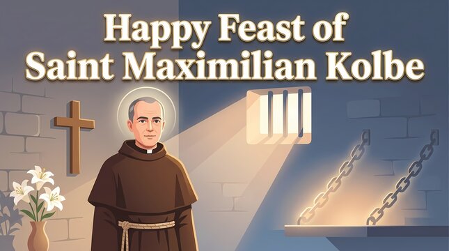 Happy feast of saint maximilian kolbe illustration with priest in prison cell