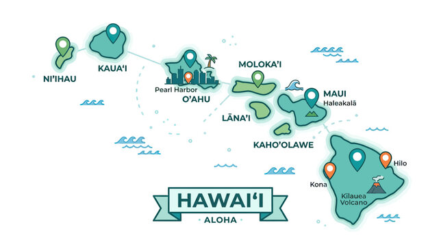 Island Chain Map with Tropical Destinations and Landmarks