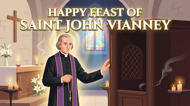 Happy feast of saint john vianney with catholic priest and confessional in church