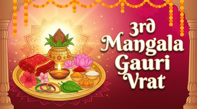 3rd mangala gauri vrat celebration greeting card with traditional prayer items and gold plate