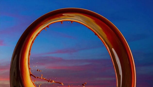 Dark liquid circle splash with sunset sky background.