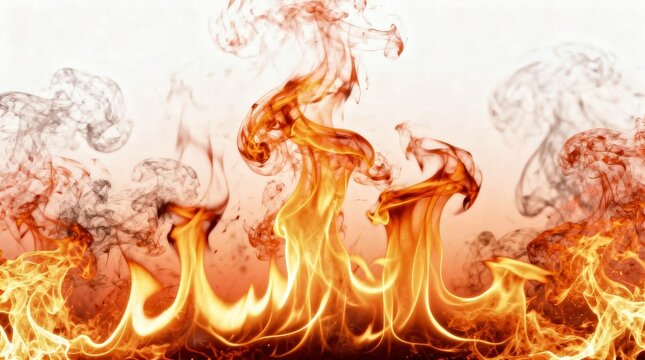 Vibrant orange flames with curling smoke rising against a white background, showcasing dynamic fire patterns and intense heat energy.