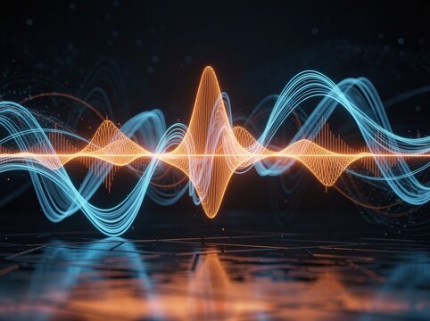 Abstract digital visualization of colorful, dynamic sound waves or data waves in blue and orange on a dark background.