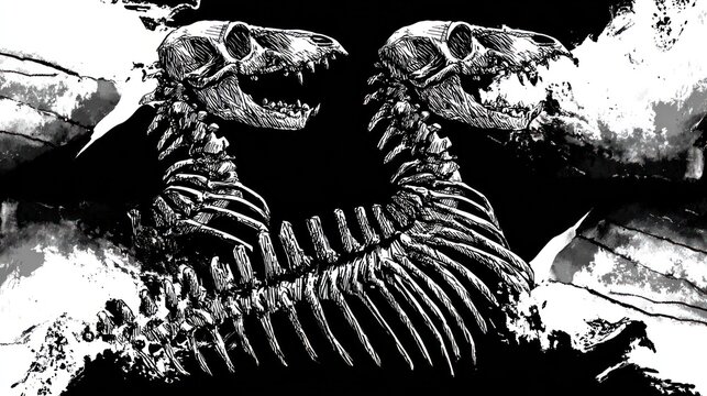 Artistic skeletal illustration of two headed creature monochrome design
