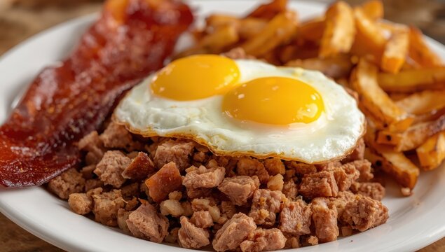Scrambled eggs on corned beef hash and home fries with turkey bacon.