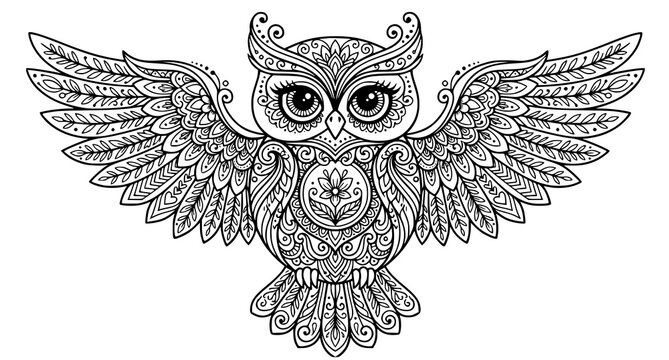 Cute ornamental owl vector line drawing with decorative feather pattern