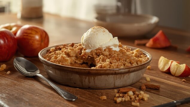 Side view of apple crumble with ice cream and streusel for breakfast.