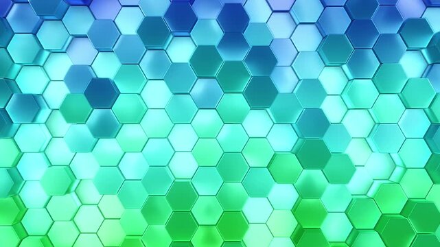 Shiny hexagon background patterns. 3d render of hex shapes in a vivid rainbow of colorful looping movement. Hexagonal patterned visual of a brilliant gradient of repeating colors backgrounds. Loop.