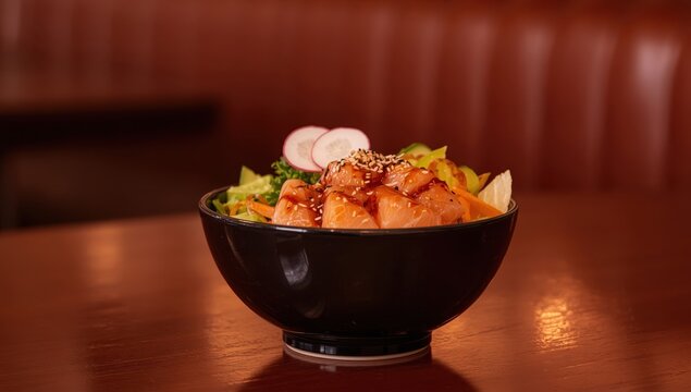 Side view of a poke bowl at a restaurant table.