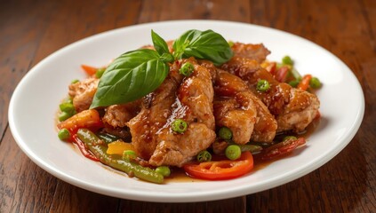 Fototapeta premium Sliced chicken breast stir-fried with basil on a white dish.
