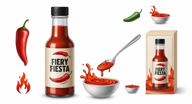 Vibrant 3D render: Fiery red chili sauce bursts from bowl, bottle, and spoon, with glowing embers and crisp detailing.