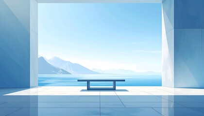 Fototapeta premium Modern minimalist terrace with a bench overlooking a calm blue lake and mountain range landscape