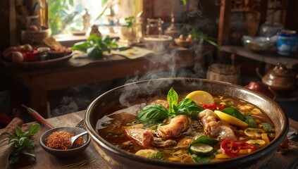 Fototapeta premium Sour soup with fish intestines. Thai dish.