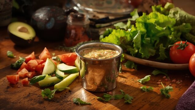 Southwestern salad dressing in a metal cup.