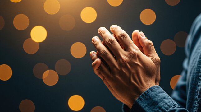 Close up view of human hands folded in prayer gesture against dark background with golden bokeh light circles. Person expresses faith, devotion during spiritual worship. Humble religious figure finds