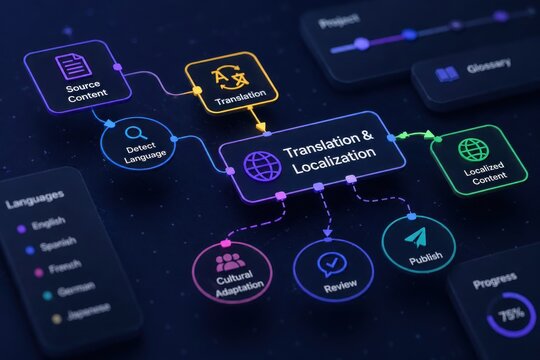 Digital workflow illustrating the translation and localization process with interconnected steps and icons