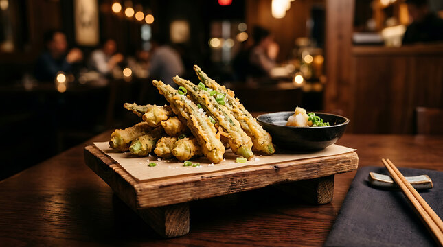 Crispy fried okra appetizer served on a rustic wooden pedestal with dipping sauce in a restaurant setting