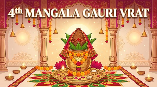 Mangala gauri vrat religious festival background with decorated traditional hindu altar and diyas