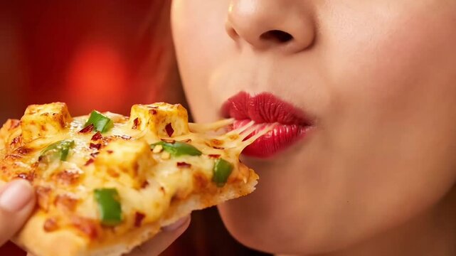Close-up of woman with red lipstick eating a slice of paneer pizza with vivid lighting