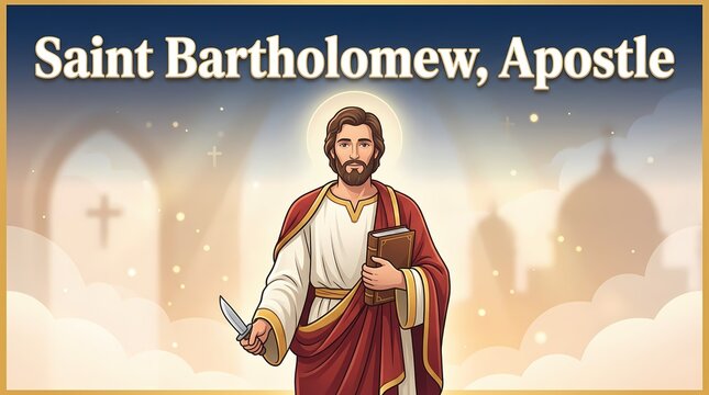 Saint bartholomew the apostle holding a holy book and a knife in a religious illustration