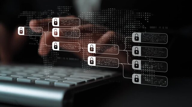 Blockchain structure showing distributed data blocks linked with encryption, representing secure transaction verification, decentralized control, and immutable record system Marrow