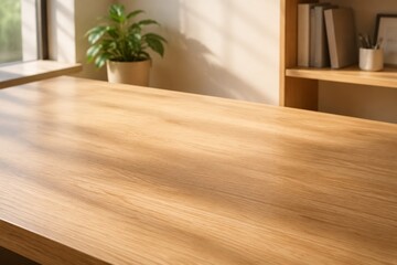 Fototapeta premium Empty desk with natural wood texture and soft shadows, minimalist office setting.