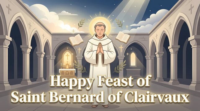 Happy feast of saint bernard of clairvaux with a praying monk in a peaceful church interior