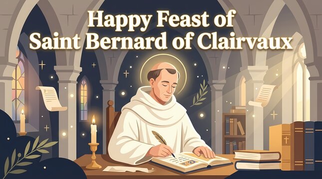 Happy feast of saint bernard of clairvaux illustration with monk writing in a church interior