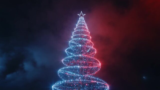 Towering Christmas Tree with Intense Sparkling Red and Blue Lights in Dark Atmospheric Night, Full HD Motion Background
