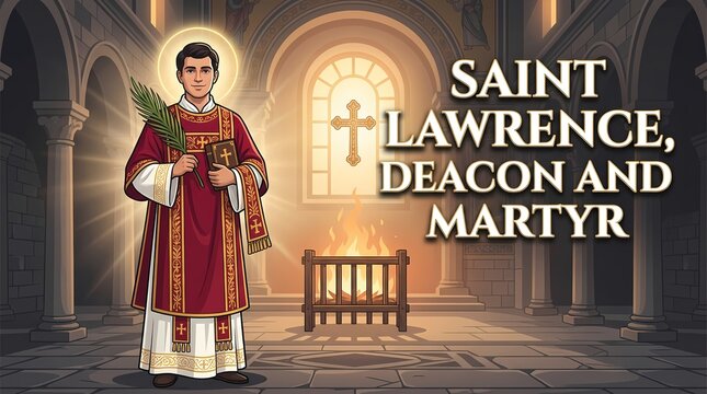 Saint lawrence the deacon and martyr holding a palm branch in a traditional church illustration