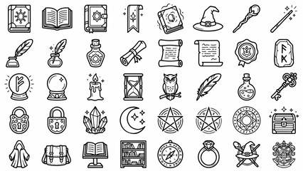 Naklejka premium Spell Book Wizard Icons: 36 Magical Library Symbols Grid Sheet for Arcane Fantasy & Grimoire Vector Design