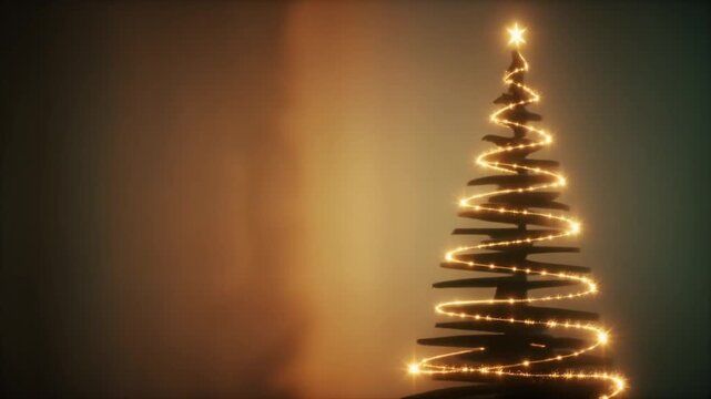 Elegant Minimalist Christmas Tree with Glowing Golden Lights Spiral on Dark Soft Focus Background, Cinematic Full HD Holiday Motion Graphics