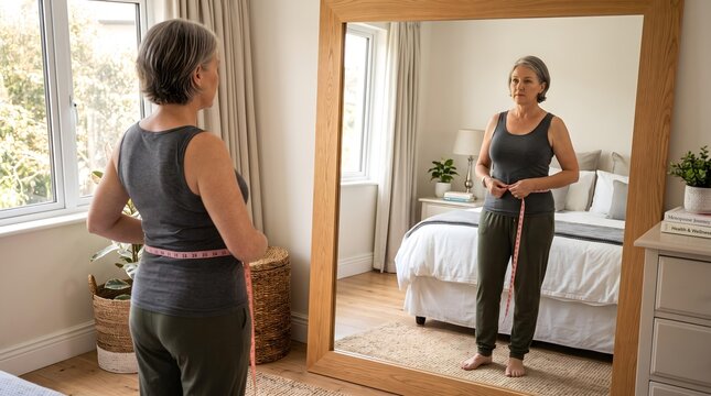 Middle Aged Woman Measuring Waist While Looking in Mirror During Menopause.