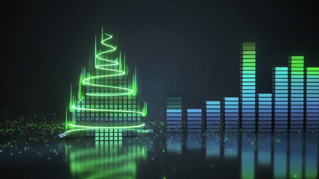 Futuristic Digital Christmas Tree Formed by Sound Waves and Neon Green Equalizer Bars, Creative 1080p Technology Motion Background