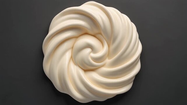 Top Down View of Creamy White Foam Swirling in Elegant Abstract Vortex, Smooth Organic Motion Background for Skincare or Food Concept
