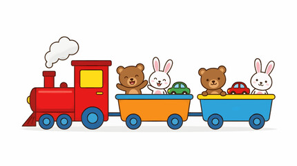 Cute Flat Red Train Engine Pulling Two Colorful Carriages with Adorable Teddy Bears and Bunnies, Small Toy Cars Inside, Whimsical Children's Illustration with White Background and Copy Space © Sugiarto