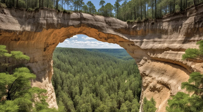 Walkable Natural Limestone Arch Bridge Across a Forest Canyon