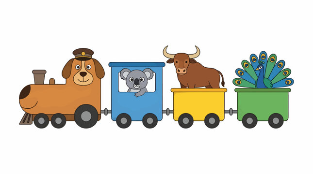 Cute Flat Design Vector Train with Friendly Animals: Dog Engineer, Koala, Bull, and Peacock