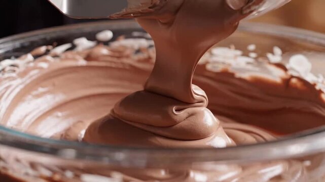 Close Up of a Spatula Scooping Thick Glossy Chocolate Ganache