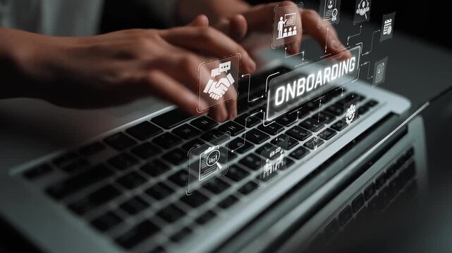 Hands Typing on Laptop Keyboard with Digital Onboarding Icons in Modern Workspace for Business and Technology Trends Sigmoid
