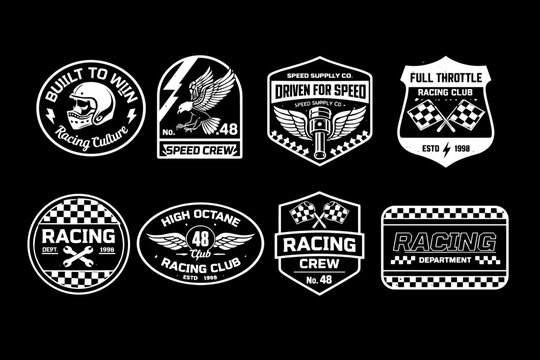 Vintage racing badges set, 8 monochrome motorcycle club emblems, retro automotive speed crew logos, white vector icons on black background