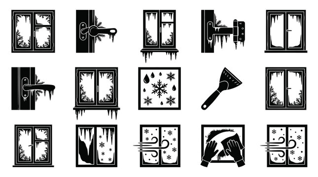 Frozen Window Icons: Winter Weather, Ice, Snow, and Cleaning Tools Set