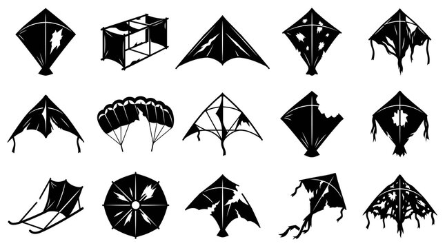 Black  White Silhouette Icons of Various Kites and Parachute, Vector Art