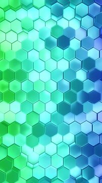 Shiny hexagon background patterns. 3d render of hex shapes in a vivid rainbow of colorful looping movement. Hexagonal patterned visual of a brilliant gradient of repeating colors backgrounds. Loop.