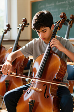 Teenage student plays large cello in classroom during music class rehearsal. Young boy concentrates on classical instrument strings with wooden bow. Practice session in school education setting