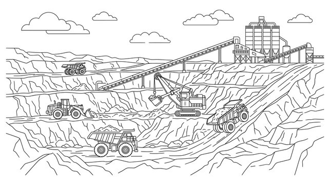 Open pit mining site landscape with heavy machinery trucks excavators and conveyor systems.