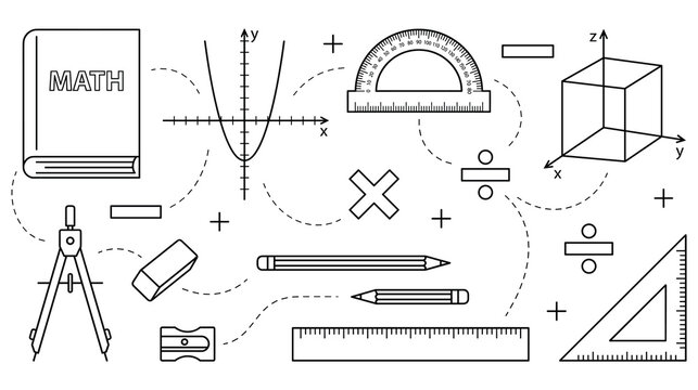 Set of math and geometry tools for school and education, black and white line icons.