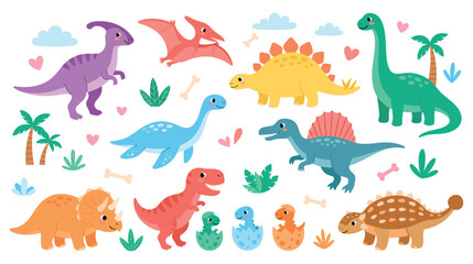 Cute funny dinosaurs set in cartoon flat style for kids design. © SABIKUNNAHAR